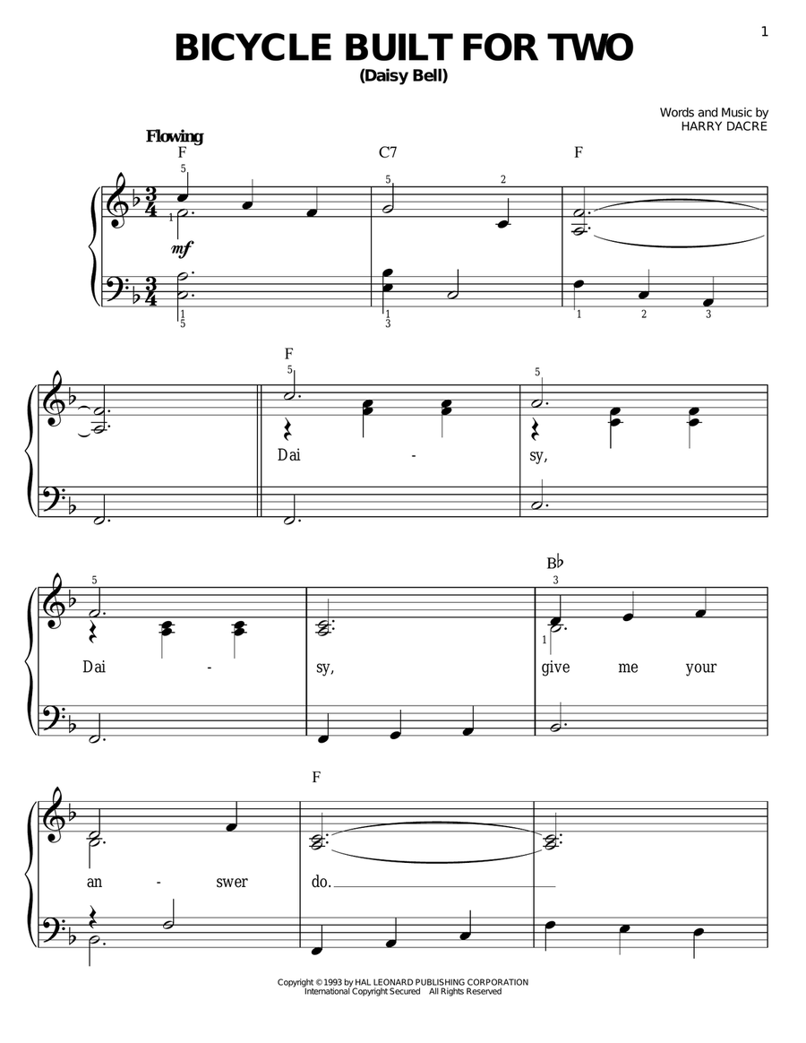 A Bicycle Built For Two (Daisy Bell) Easy Piano scores gallery preview page 1