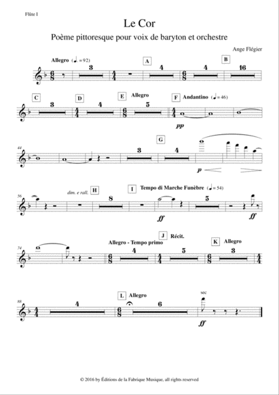 Ange Flégier: Le Cor for baritone voice and orchestra: flute 1 part Full Orchestra scores gallery preview page 1