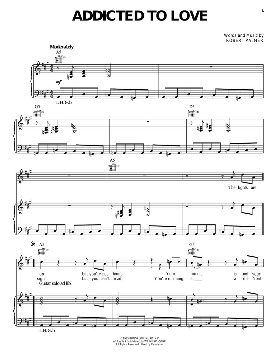Addicted To Love Piano, Vocal, Guitar scores gallery preview page 1