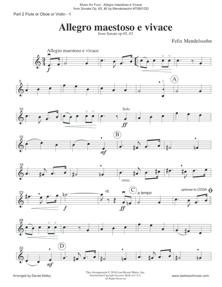 Allegro maestoso e Vivace from Sonata Op. 65, #2 by Mendelssohn for String Quartet or Piano Quintet