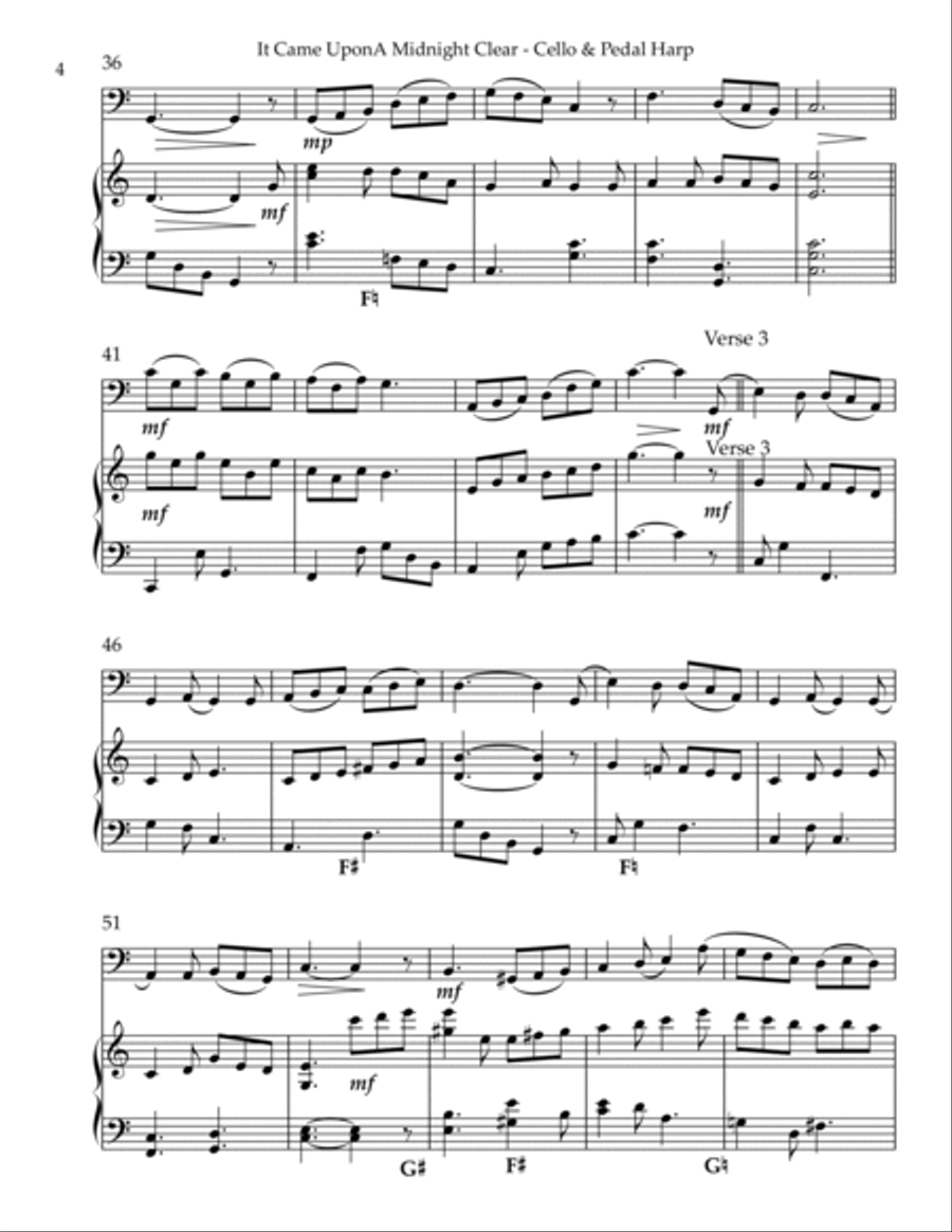 It Came Upon A Midnight Clear, Duet for Cello & Pedal Harp String Duet scores gallery preview page 4