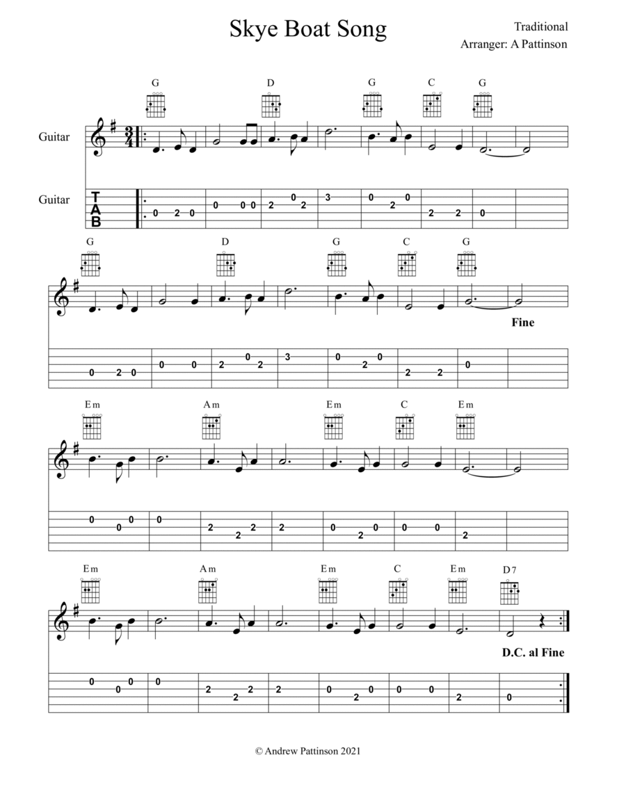 Skye Boat Song for Guitar with Chords and TAB Acoustic Guitar scores gallery preview page 1