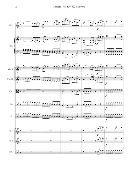 Mozart 1791 KV 622 Flute Concerto in F Chamber Ens Score and Parts