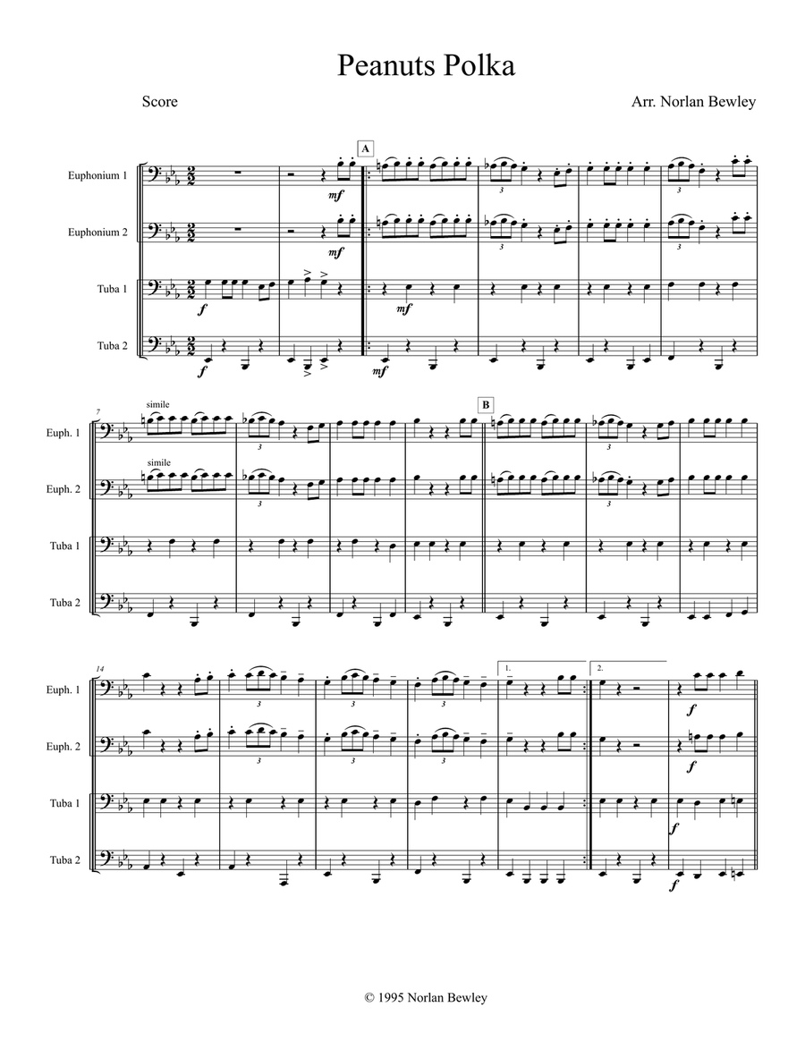 Peanuts Polka - Tuba/Euphonium Quartet Brass Ensemble scores gallery preview page 1