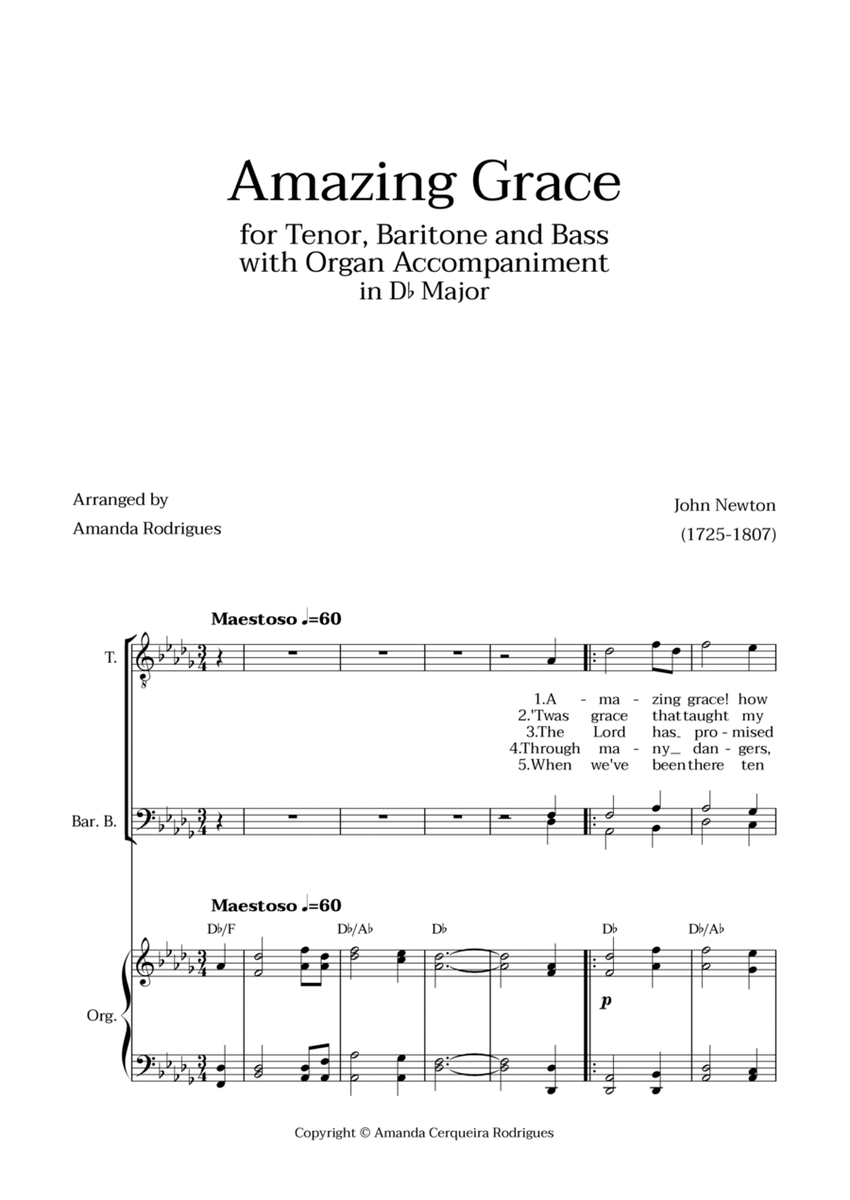 Amazing Grace in Db Major - Tenor, Bass and Baritone with Organ Accompaniment and Chords image number null
