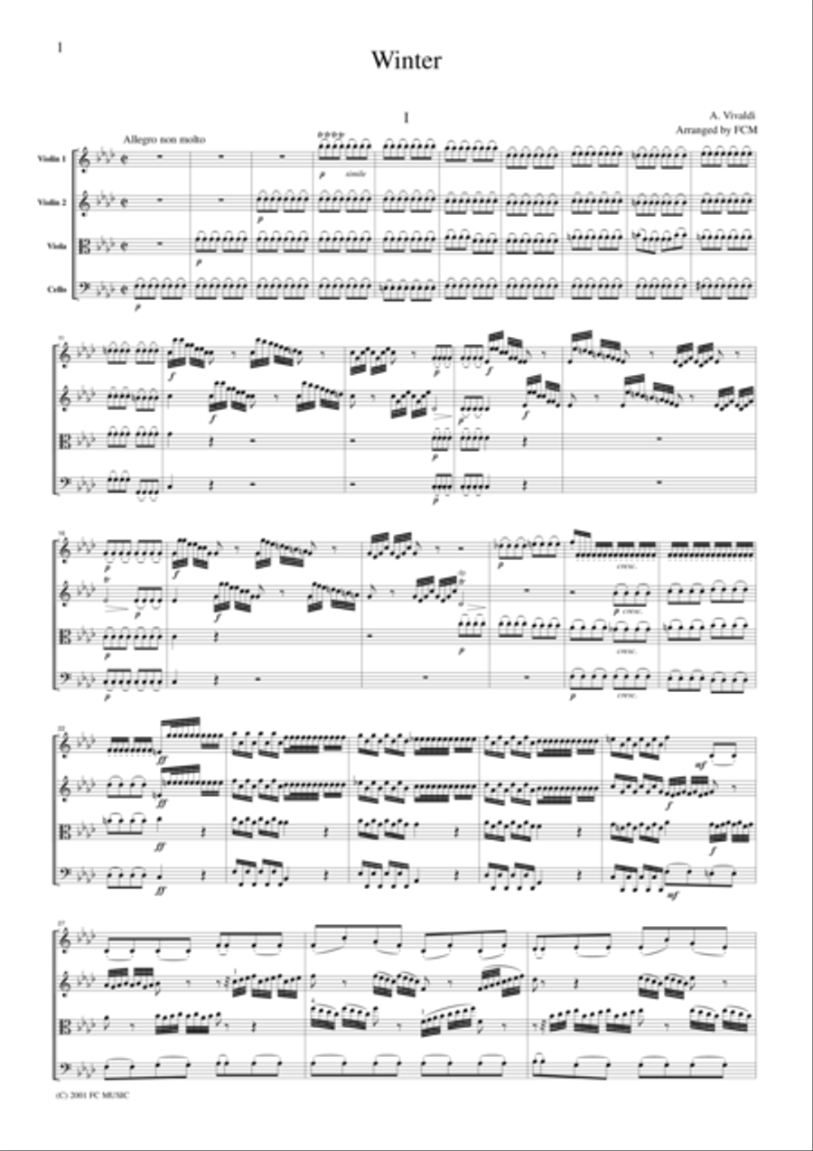 Vivaldi Winter from the Four Seasons, all mvts., for string quartet, CV104 String Quartet scores gallery preview page 1