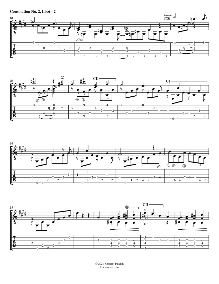 Consolations Nos. 1 & 2 by Liszt (for Solo Guitar) Classical Guitar scores gallery preview page 6