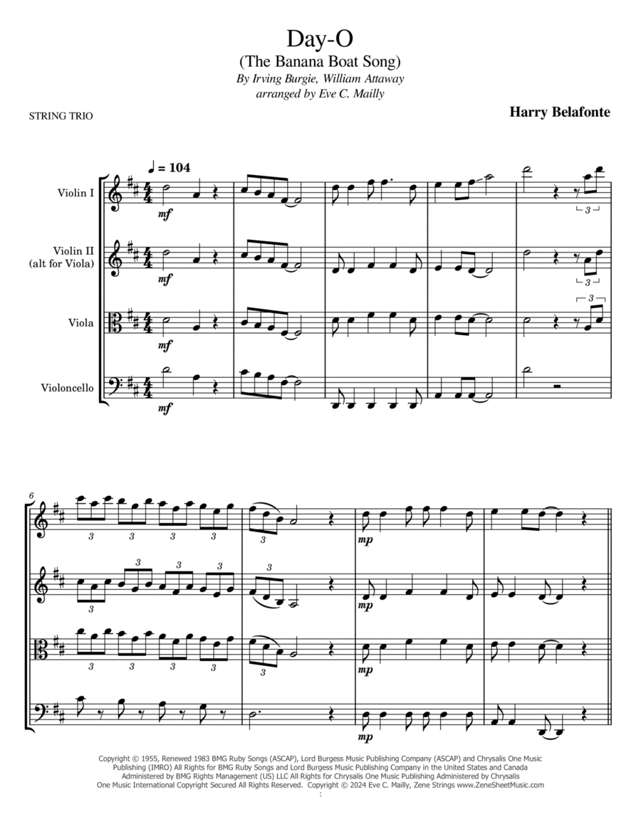 Day-o (the Banana Boat Song) String Trio scores gallery preview page 1