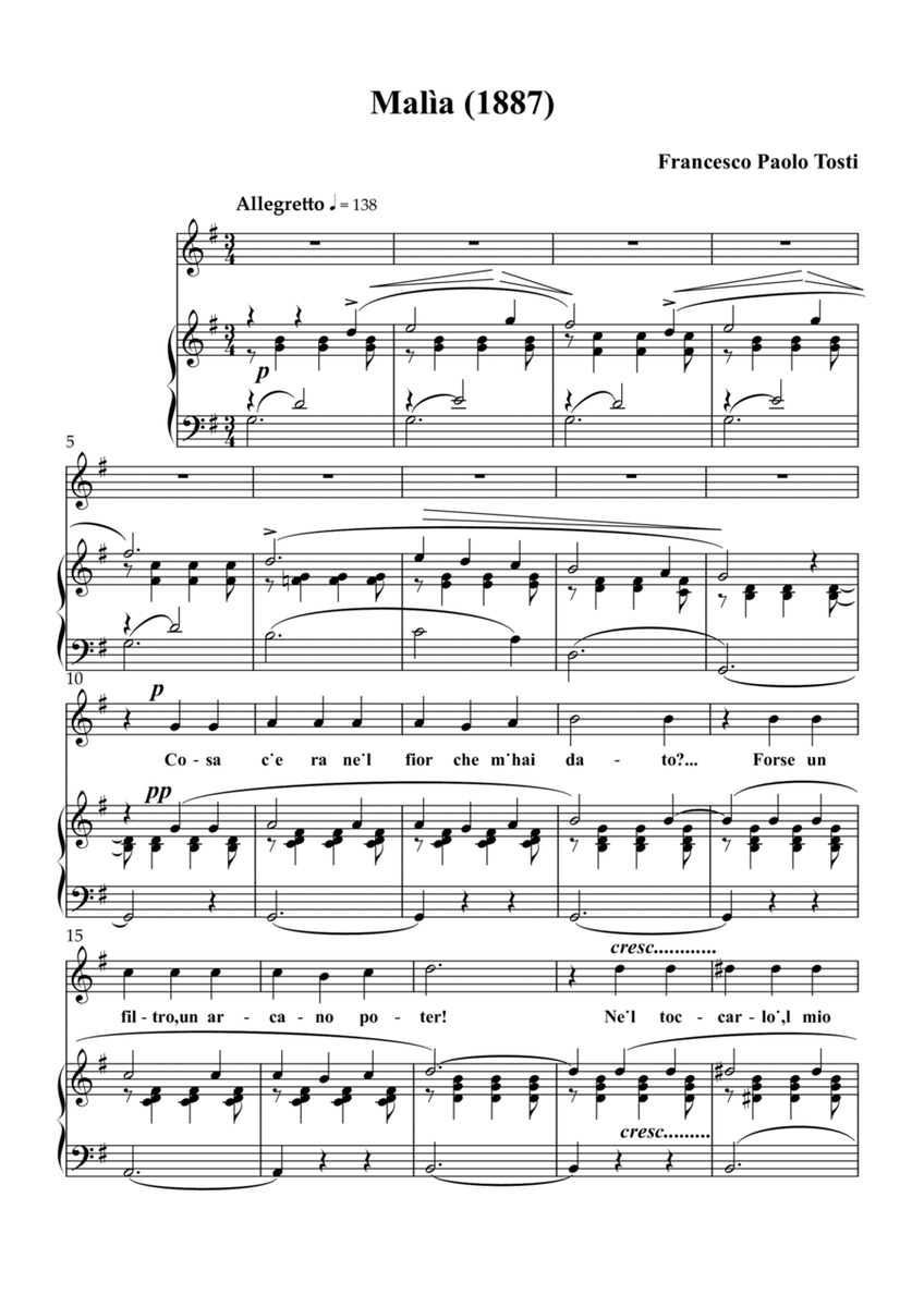 Malìa, melodia (1887), G major key, high voice