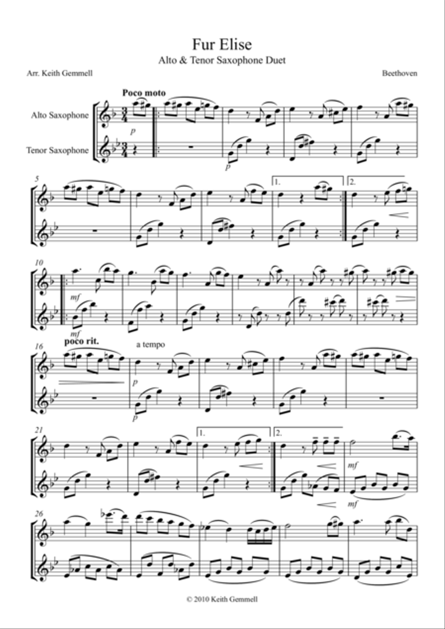 Fur Elise - Saxophone Duet (2 Altos or 2 Tenors) Woodwind Duet scores gallery preview page 1
