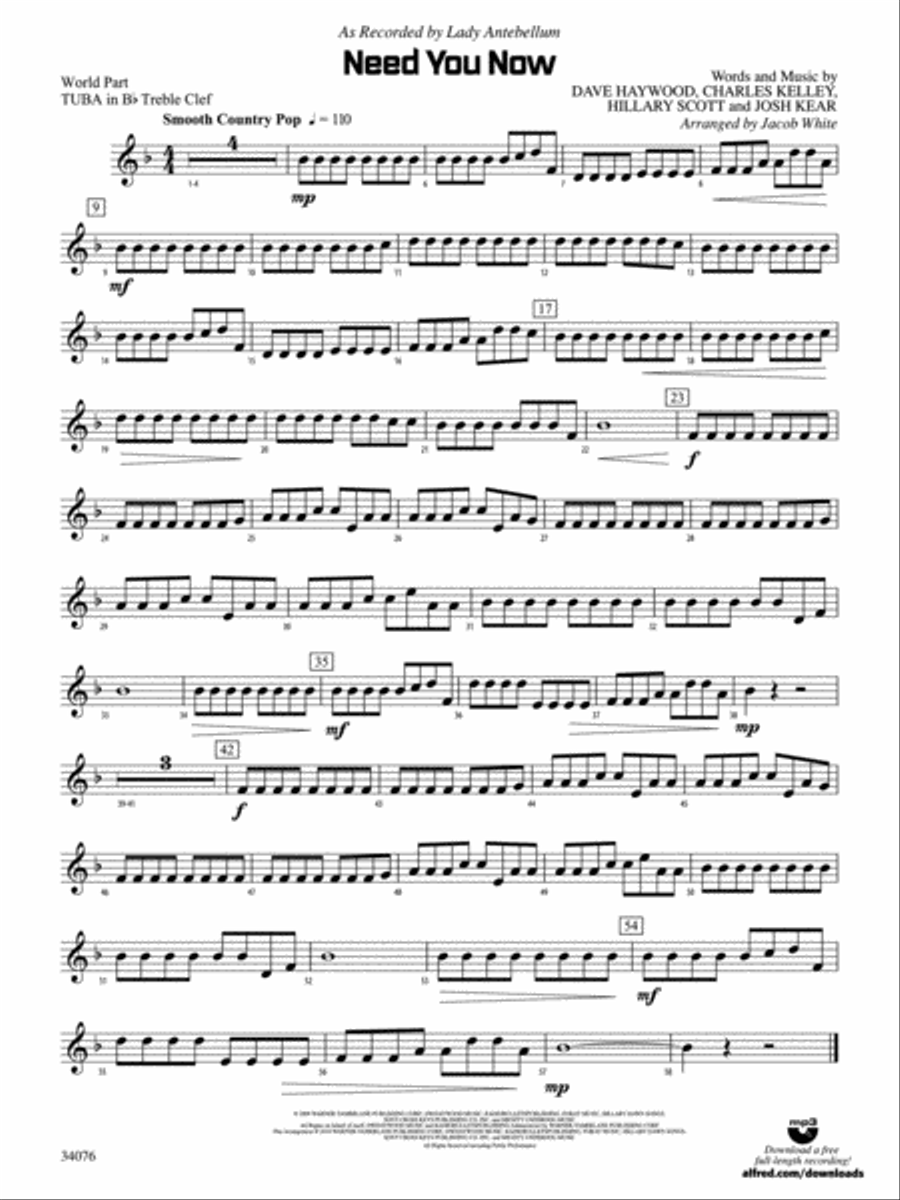 Need You Now: (World Part) B-flat Tuba T.C. Concert Band scores gallery preview page 1