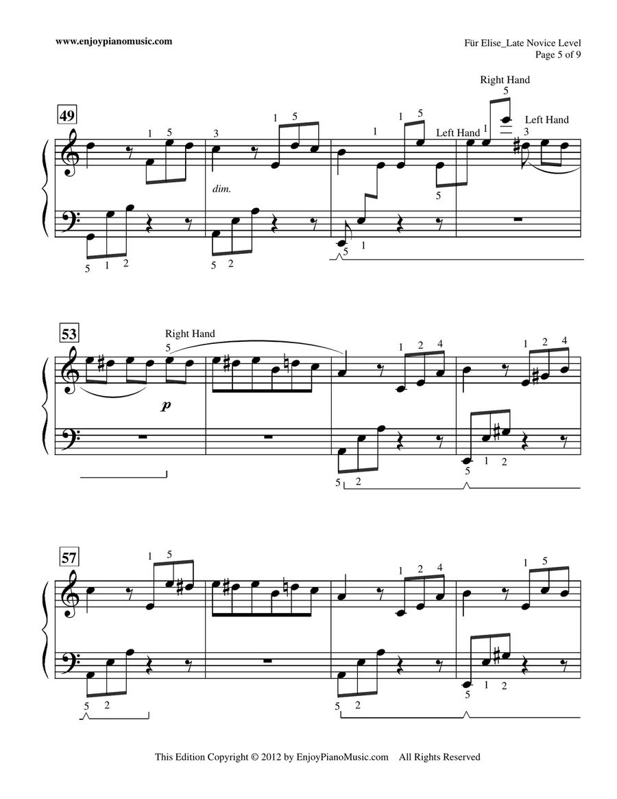 Fur Elise--original piano solo re-written in 3/4 time signature Piano Method scores gallery preview page 5