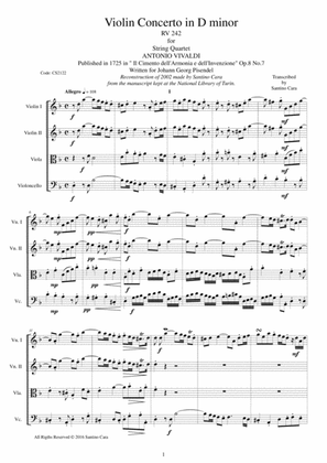 Book cover for Vivaldi - Violin Concerto in D minor RV 242 Op.8 No.7 for String Quartet