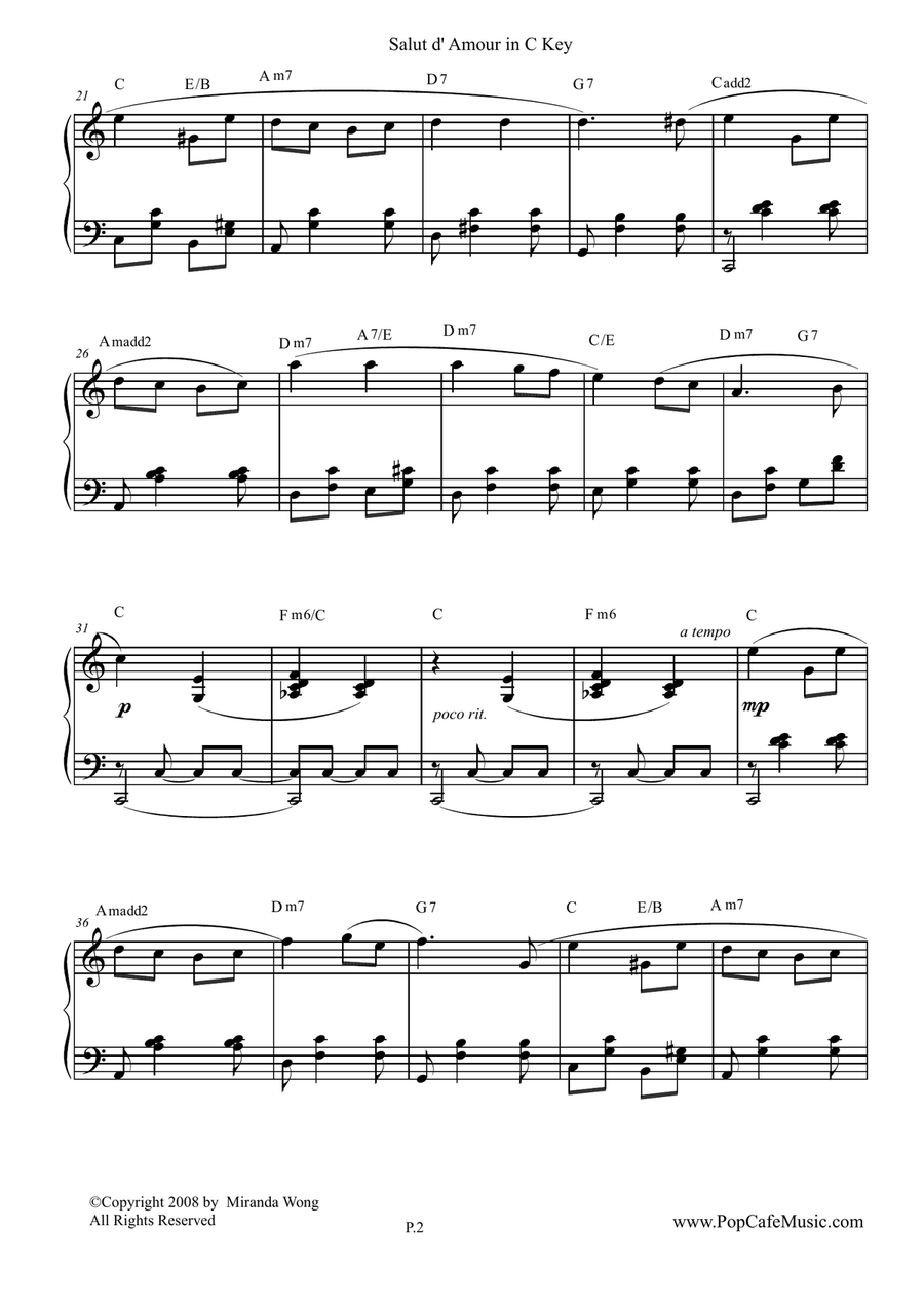 Salut d' Amour / Love's Greeting in C Key (Lovely Version) Easy Piano scores gallery preview page 2