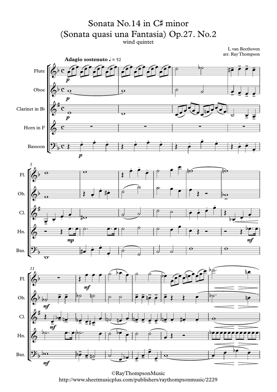 Beethoven: Piano Sonata No.14 in C# min (Sonata quasi una Fantasia) Op.27 No.2 Mvt.1. - wind quintet Woodwind Quintet scores gallery preview page 1