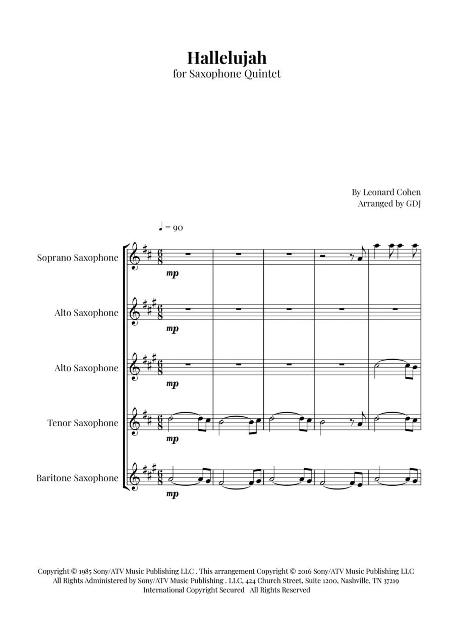 Hallelujah Saxophone Quintet scores gallery preview page 1