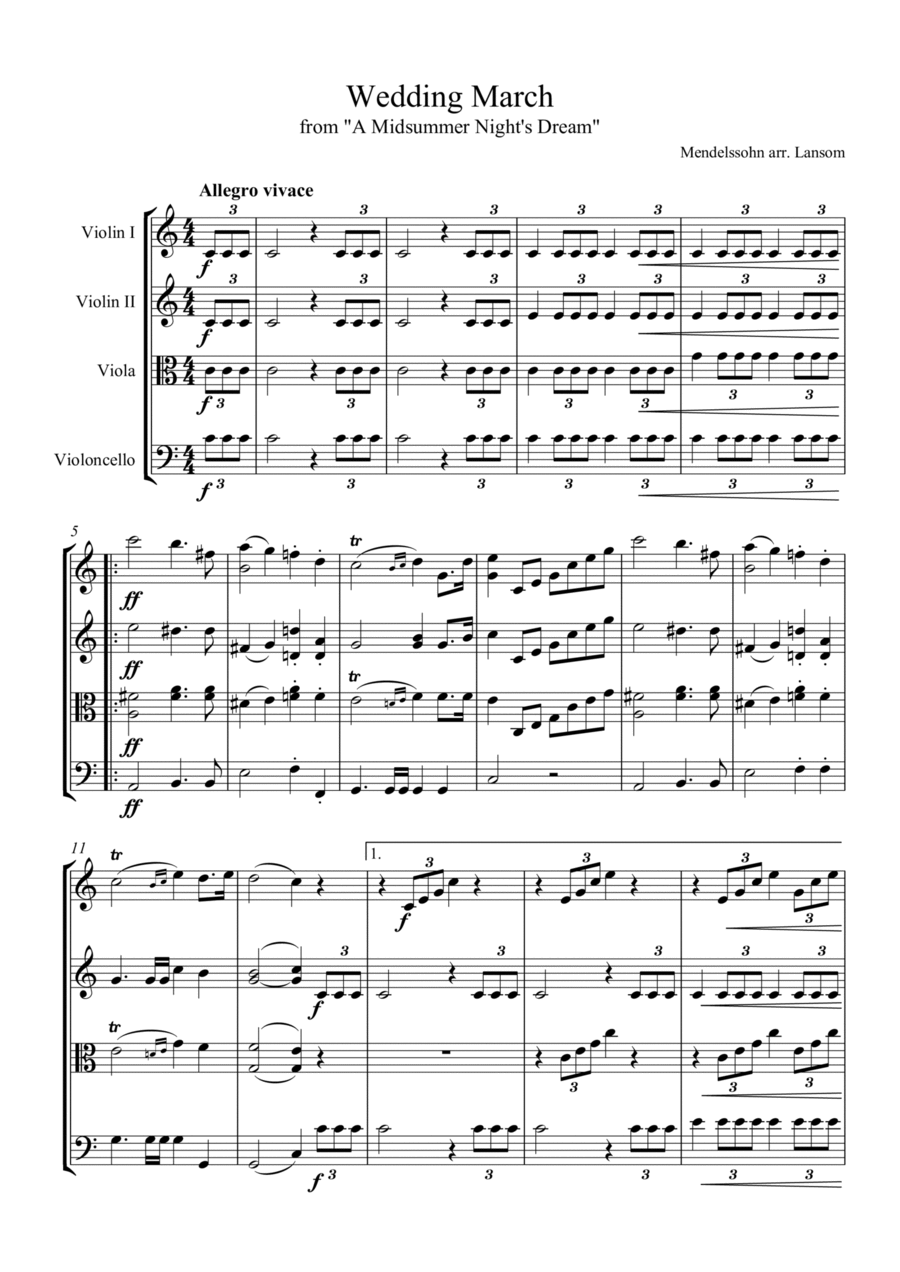Wedding March from A Midsummer Night's Dream for String Quartet String Quartet scores gallery preview page 1