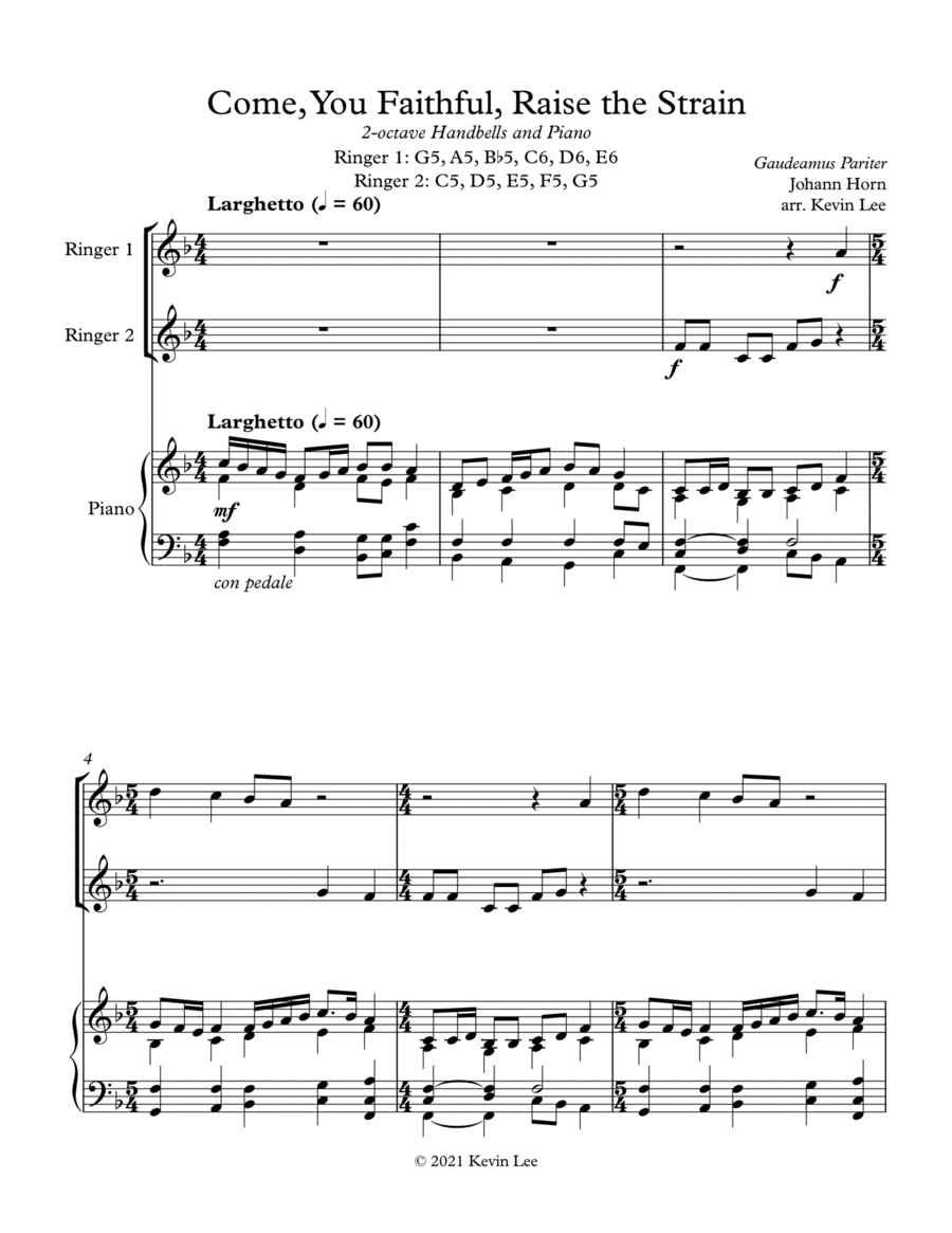 Come, You Faithful, Raise the Strain (2 Octave Handbell Duet & Piano) 2-Octaves scores gallery preview page 1