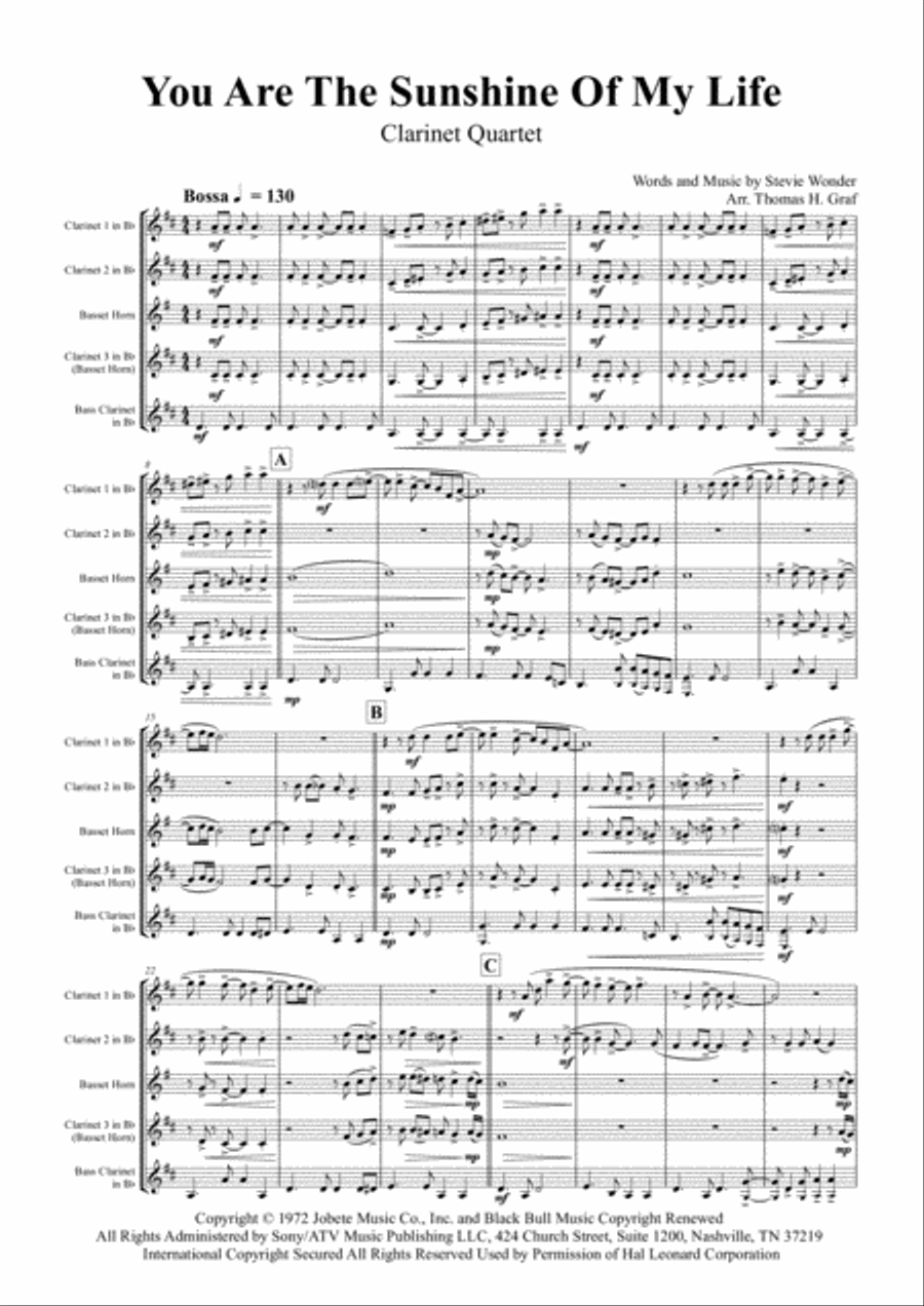 You Are The Sunshine Of My Life Clarinet Quartet scores gallery preview page 2