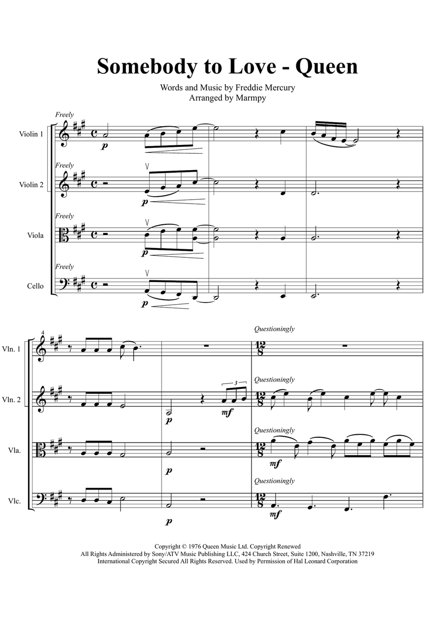Somebody To Love String Quartet scores gallery preview page 1