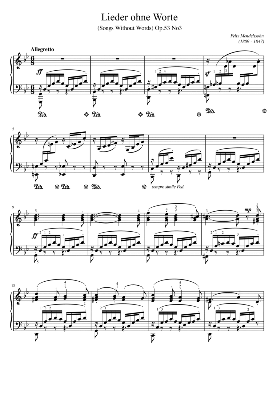 Mendelssohn - Lieder ohne Worte (Songs Without Words), Op.53 No.3 - Original With Fingering Piano Solo scores gallery preview page 1