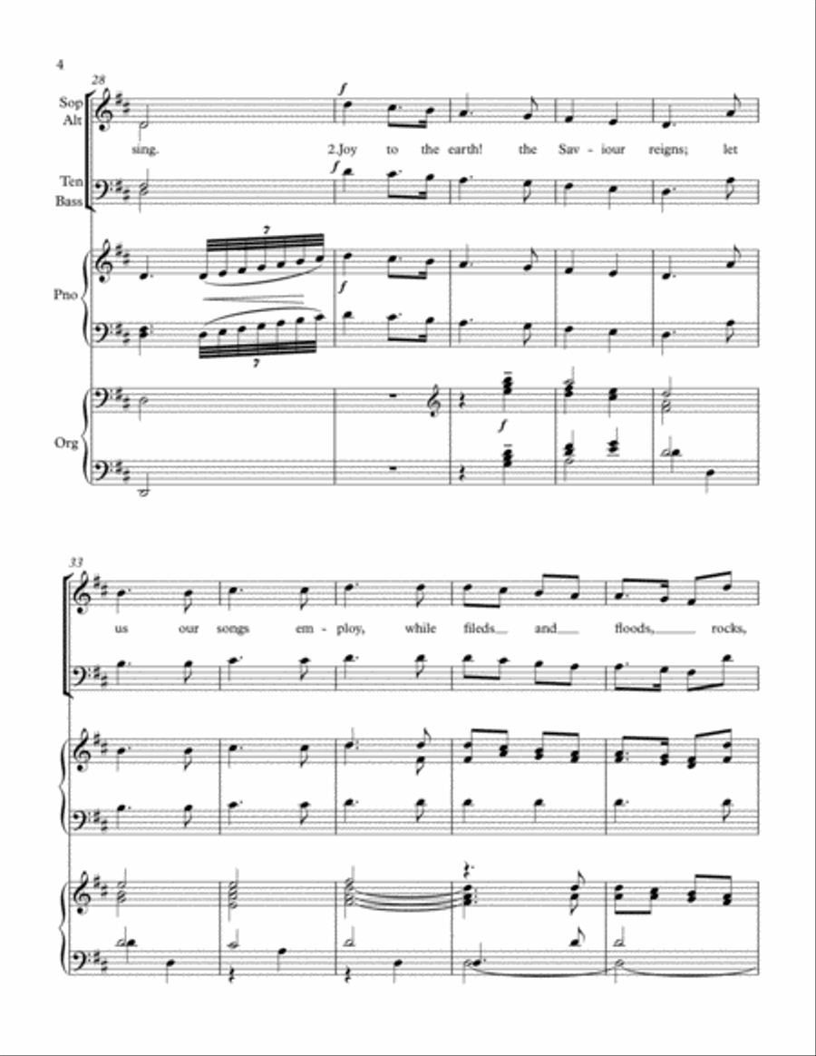 Joy to the World, for SATB/Congregation, Piano and Organ 4-Part scores gallery preview page 4