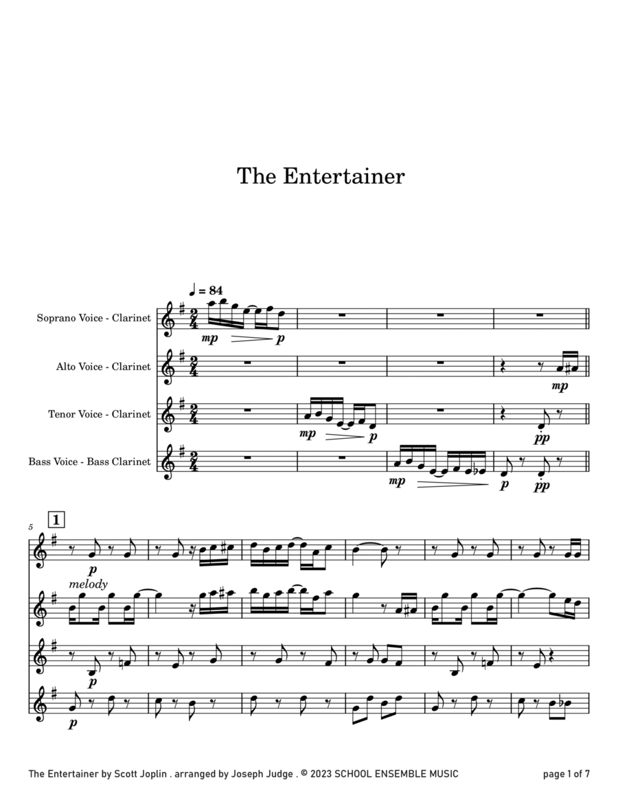 The Entertainer by Scott Joplin for Clarinet Quartet in Schools Clarinet Quartet scores gallery preview page 1