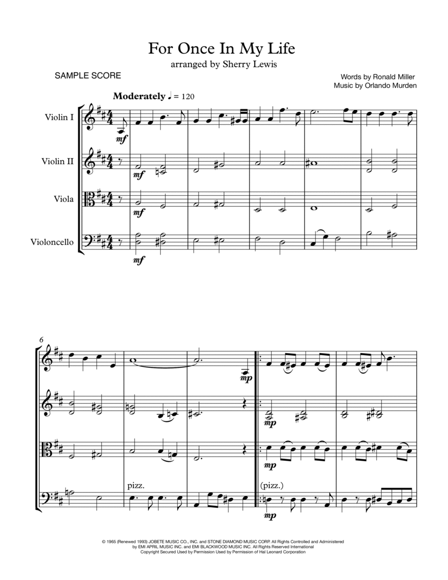 For Once In My Life String Quartet scores gallery preview page 1