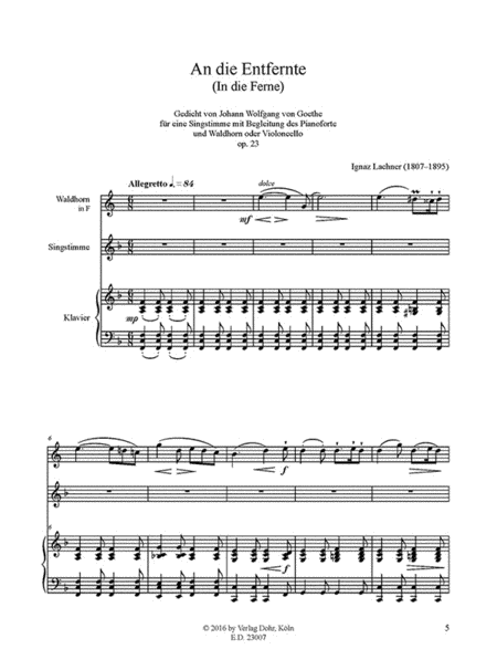 An die Entfernte für eine Singstimme in Begleitung des Pianoforte und Waldorn in F oder Violoncello op. 23