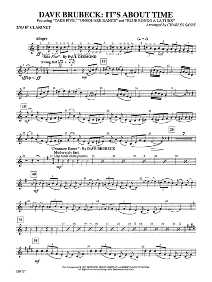 Dave Brubeck: It's About Time: 2nd B-flat Clarinet Concert Band scores gallery preview page 1