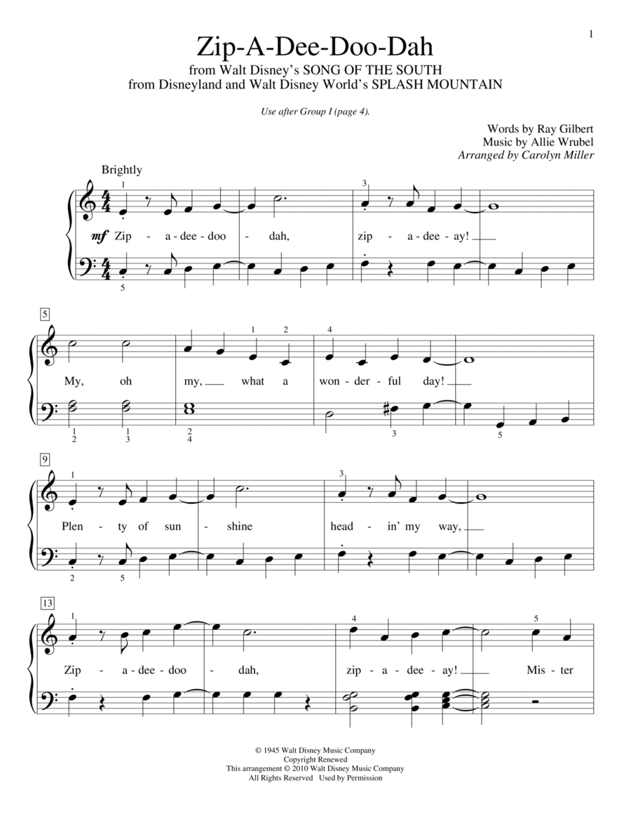 Zip-A-Dee-Doo-Dah (from Song Of The South) (arr. Carolyn Miller) Piano Method scores gallery preview page 1
