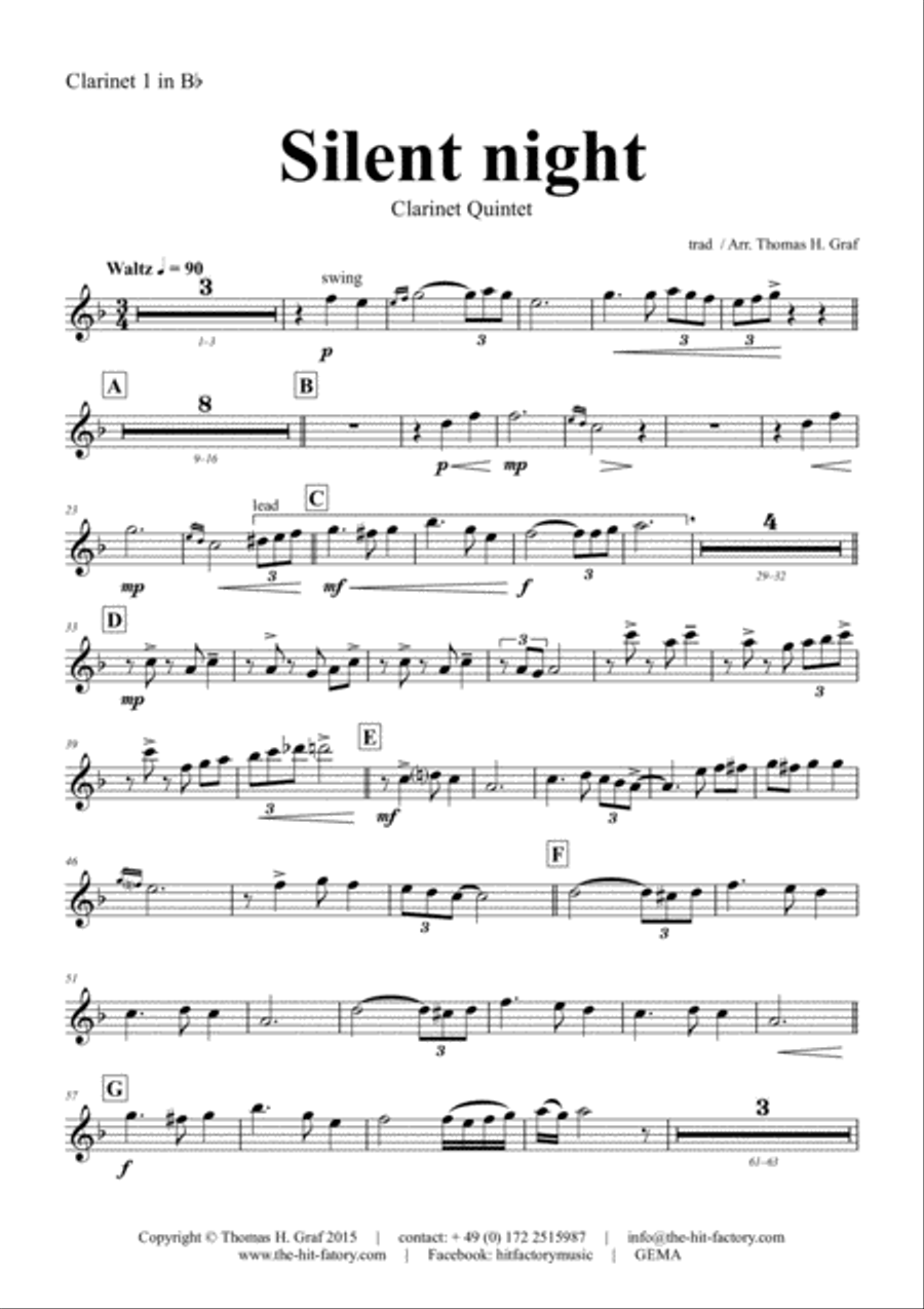 Silent Night - Stille Nacht - Jazz Waltz - Clarinet Quintet Clarinet Quintet scores gallery preview page 4