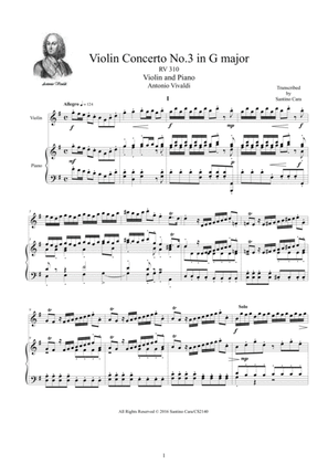 Book cover for Vivaldi - Violin Concerto in G major RV 310 Op.3 No.3 for Violin and Piano