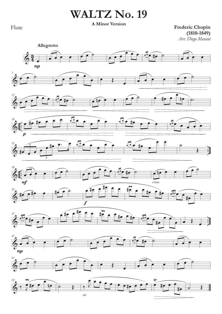 Waltz No. 19 in A Minor for Flute and Piano Flute Solo scores gallery preview page 1