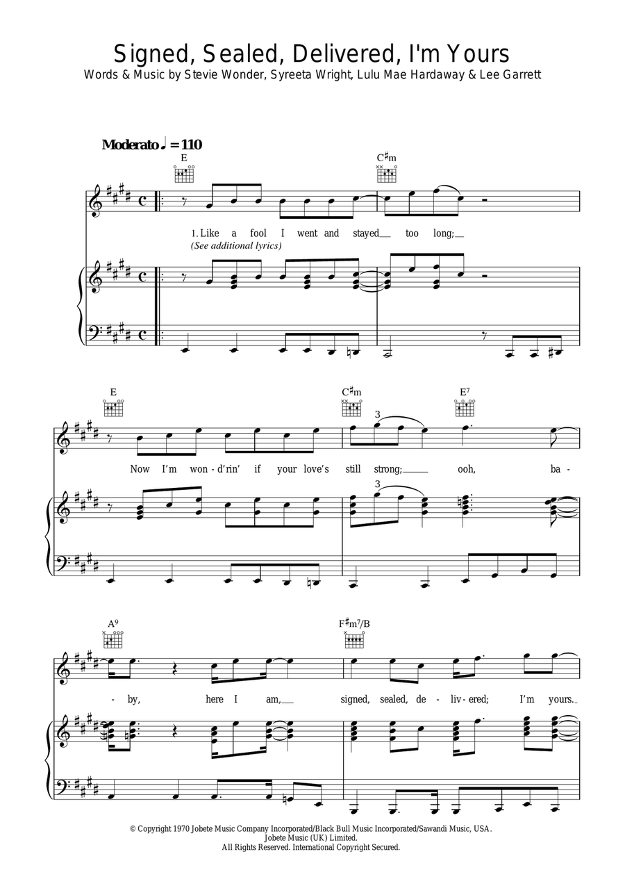 Signed, Sealed, Delivered I'm Yours Piano, Vocal, Guitar scores gallery preview page 1