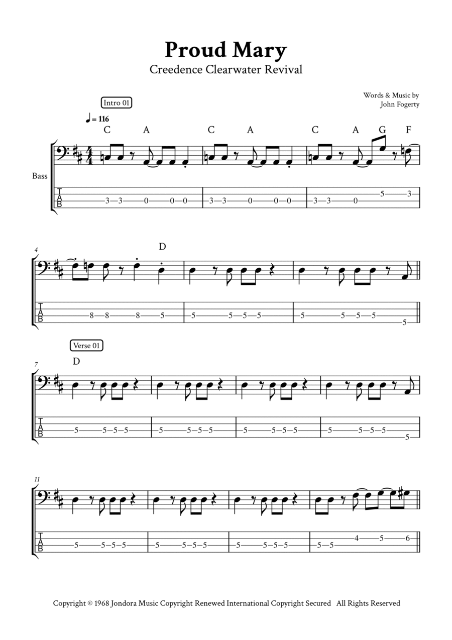 Proud Mary Bass Guitar scores gallery preview page 1