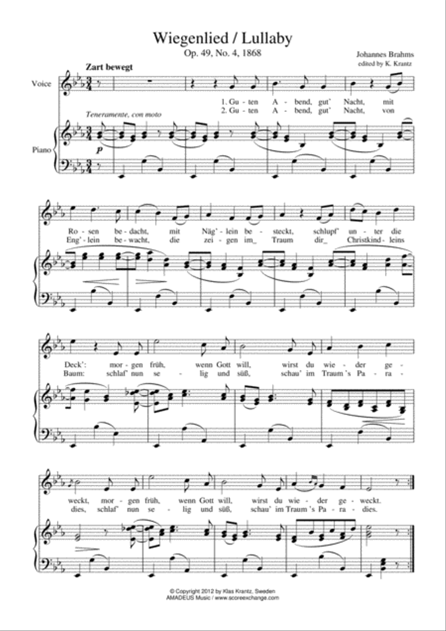 Wiegenlied / Lullaby Op. 49 No. 2 for voice and piano Wiegenlied / Lullaby Op. 49 No. 2 for voice and piano Piano, Vocal, Guitar scores gallery preview page 1