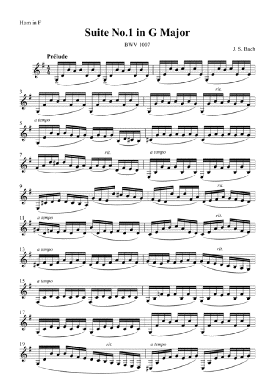 Cello Suite No.1 Prelude for Horn / J.S.Bach BWV1007 Horn Solo scores gallery preview page 1