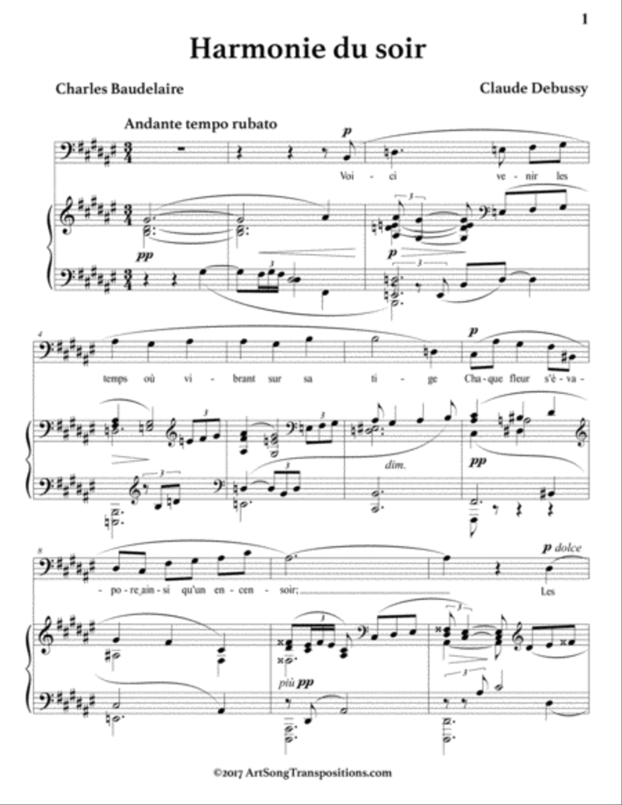 DEBUSSY: Harmonie du soir (transposed to F-sharp major, bass clef) Voice scores gallery preview page 2