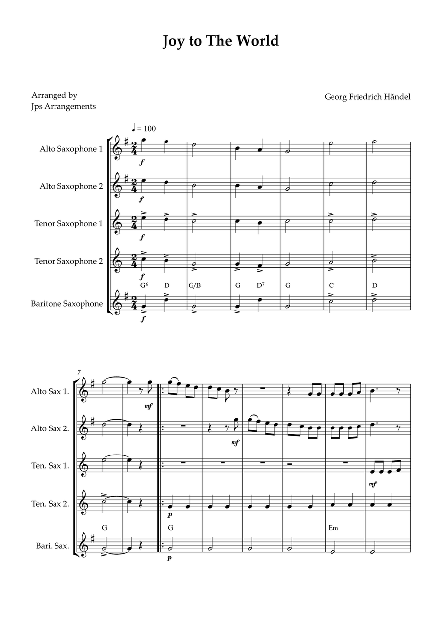 Joy To The World Sax quintet easy intermediate Saxophone Quintet scores gallery preview page 1
