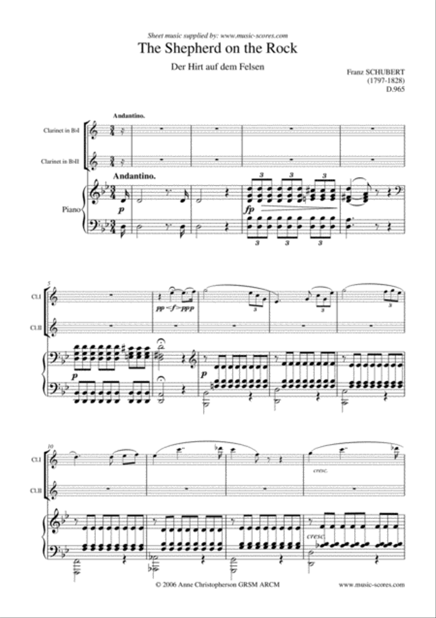 Shepherd on the Rock - 2 Clarinets and Piano Clarinet Duet scores gallery preview page 1