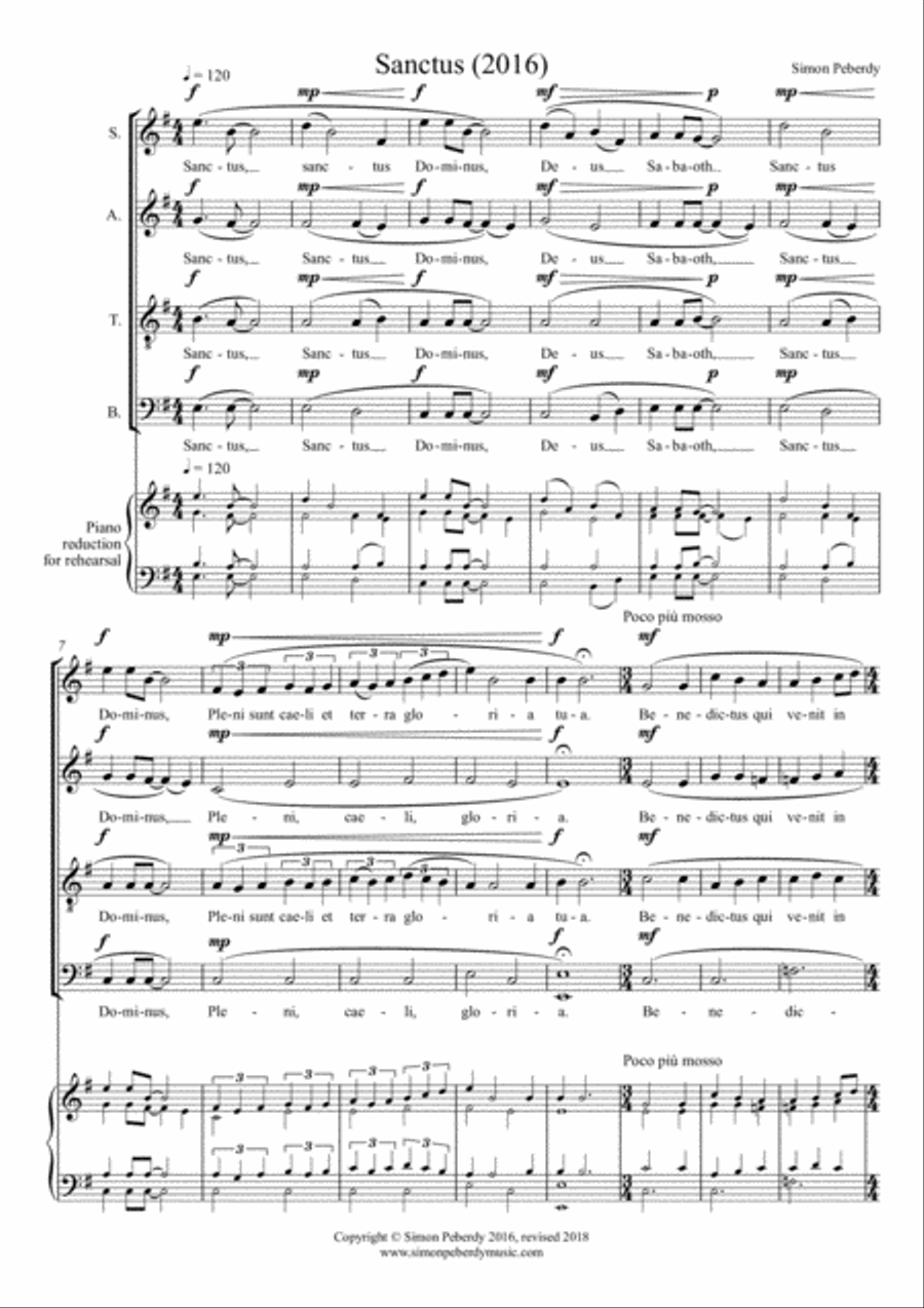 Sanctus (2016) (in Latin) in E minor for SATB choir, by Simon Peberdy 4-Part scores gallery preview page 2