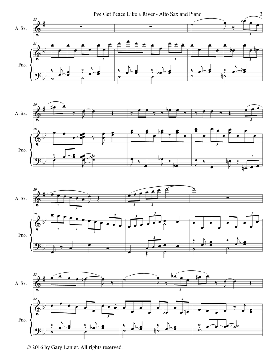 Gary Lanier: I'VE GOT PEACE LIKE A RIVER (Duet – Alto Sax & Piano with Parts) Woodwind Duet scores gallery preview page 4