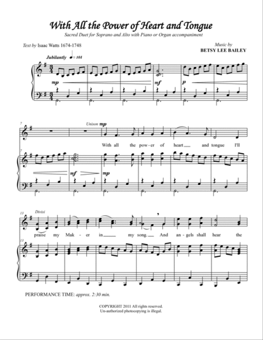 With All the Power of Heart and Tongue - Sacred Vocal Duet Alto Voice scores gallery preview page 2