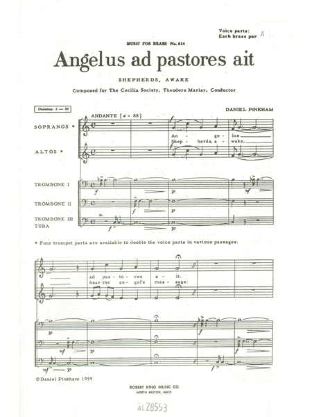 Pinkham Daniel Angelus Ad Pastores Ait Mfb614v Vocal Score