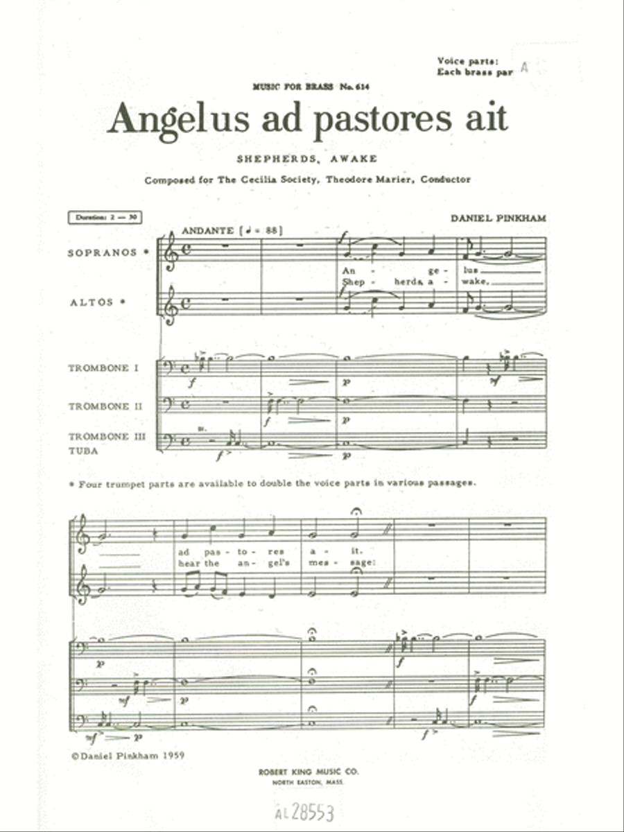 Pinkham Daniel Angelus Ad Pastores Ait Mfb614v Vocal Score Voice scores gallery preview page 1
