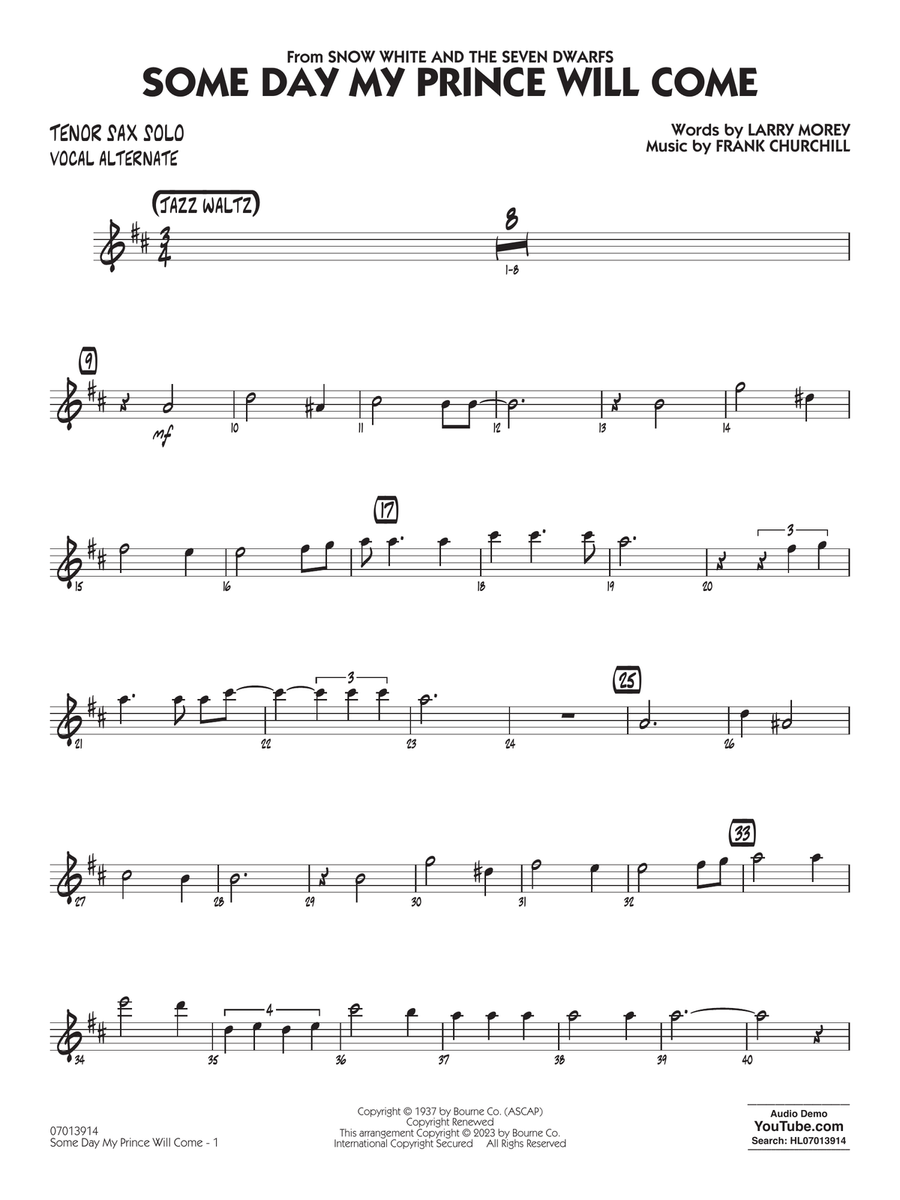 Some Day My Prince Will Come (arr. Chuck Israels) - Tenor Sax Solo (Vocal Alt)