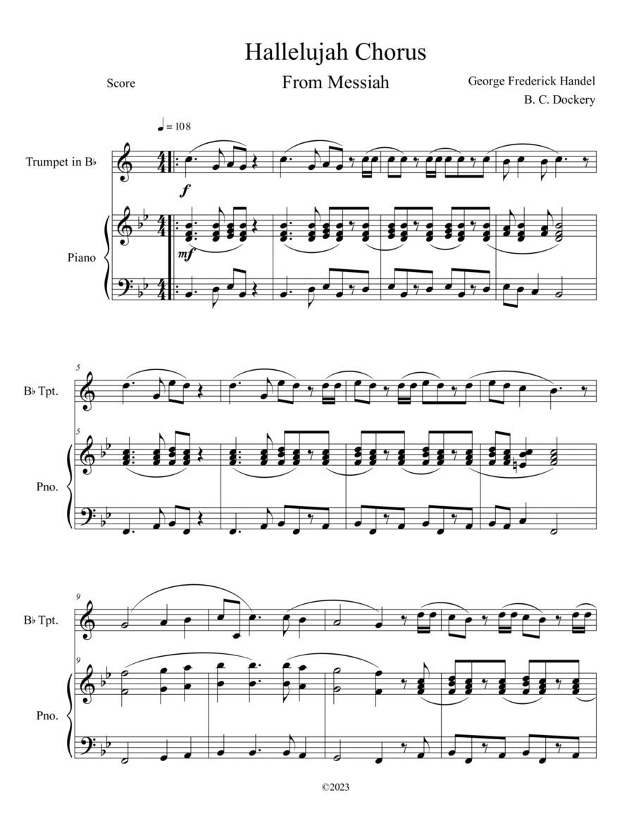 Hallelujah Chorus from Messiah (Trumpet Solo with Piano Accompaniment) B-Flat Trumpet scores gallery preview page 1