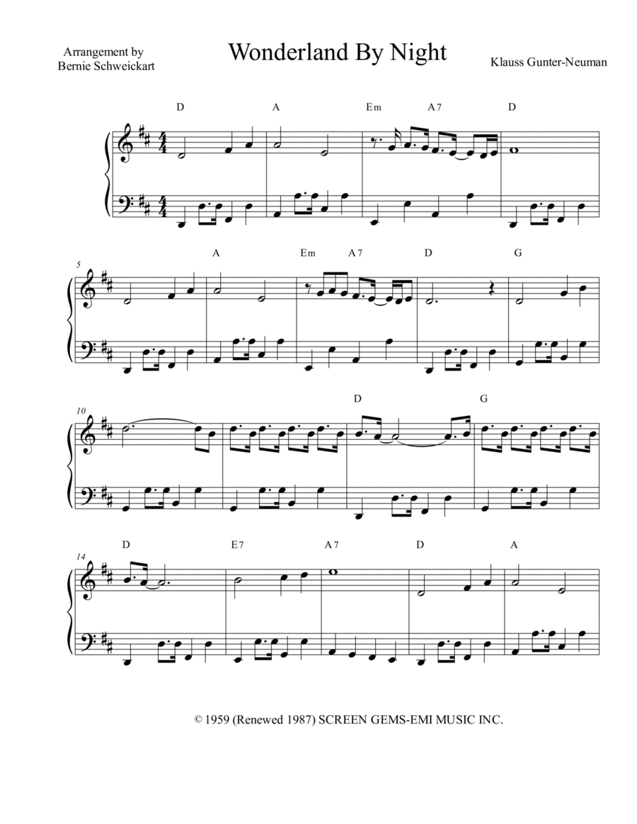 Wonderland By Night Piano Solo scores gallery preview page 1