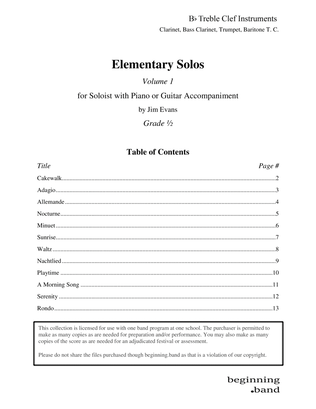 Book cover for Elementary Solos, Volume 1, for Bb Clarinet, Trumpet, Bass Clarinet, and Baritone T.C.